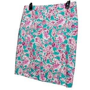 J.Crew Women Sz 8 Pencil Skirt Teal Paisley Floral Cotton Career Chic